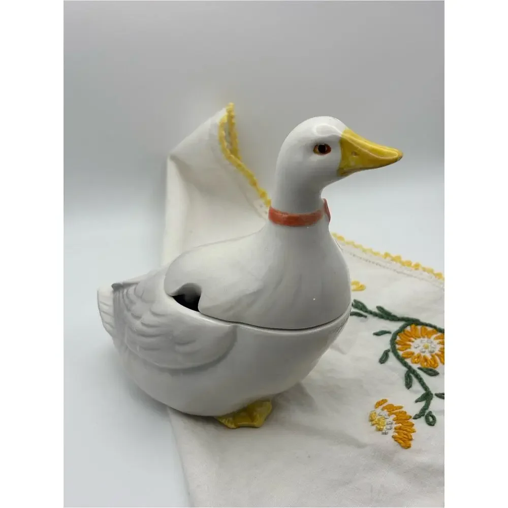 Vintage Otagiri Japan Ceramic White Goose Sugar Bowl with Orange Bow Collar